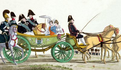 Lodewijk XVIII en zijn familie inspecteren de koninklijke troepen op het Champ de Mars, 20 juni 1814, de dag van de zegening van de vlaggen van de Garde Royale door French School